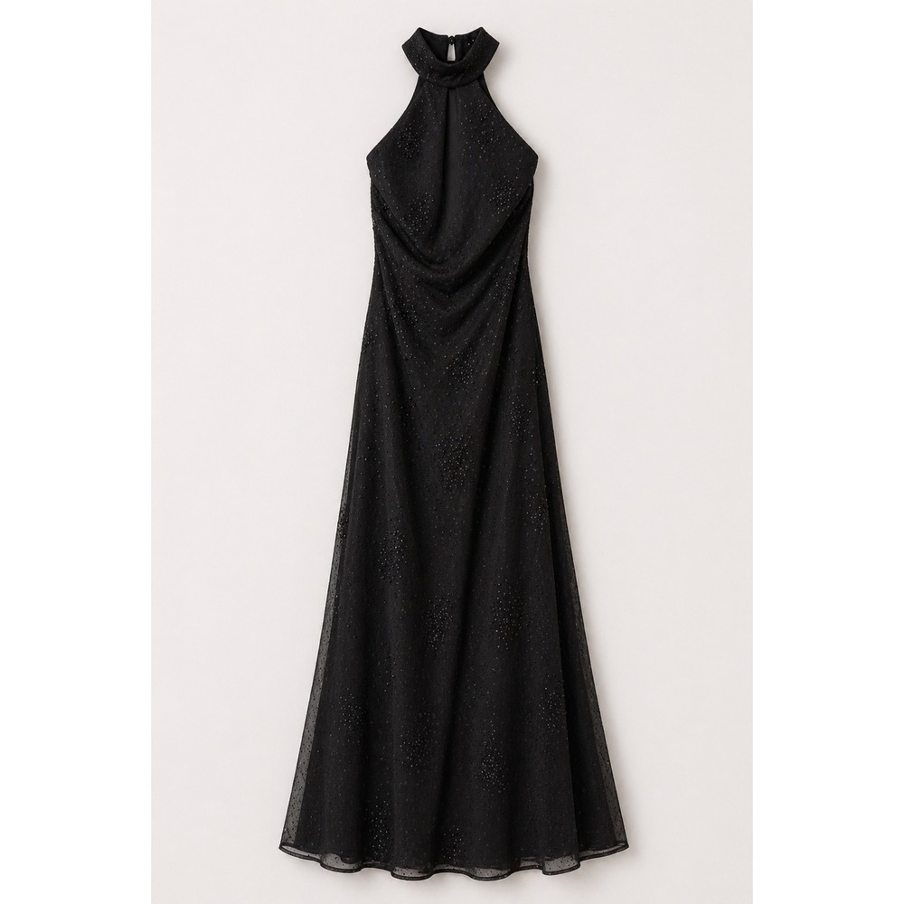 Vintage Jessica McClintock Gunne Sax Black Halter Neck‎ Glitter Maxi Dress Sz 7